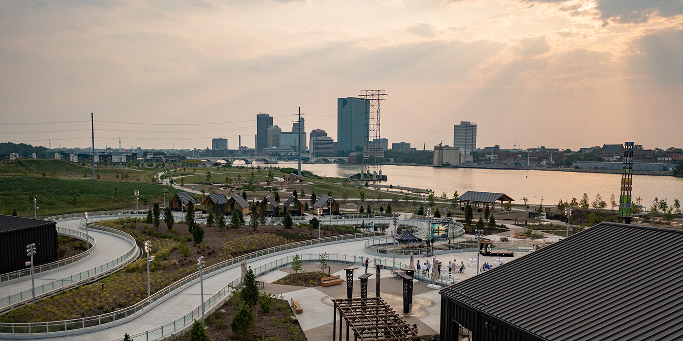 Glass City is the start of bigger things to come, and a destination in its own right. A glass pavilion with rooftop plants and plazas, a sledding hill, walking paths, an event lawn for 5,000 people and incredible views of the city, the new park is a go-to spot beside the largest river on the Great Lakes -- the Maumee.